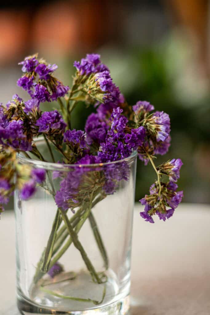 Close-up of purple flowers in a glass vase on a cafe table, blurred background.